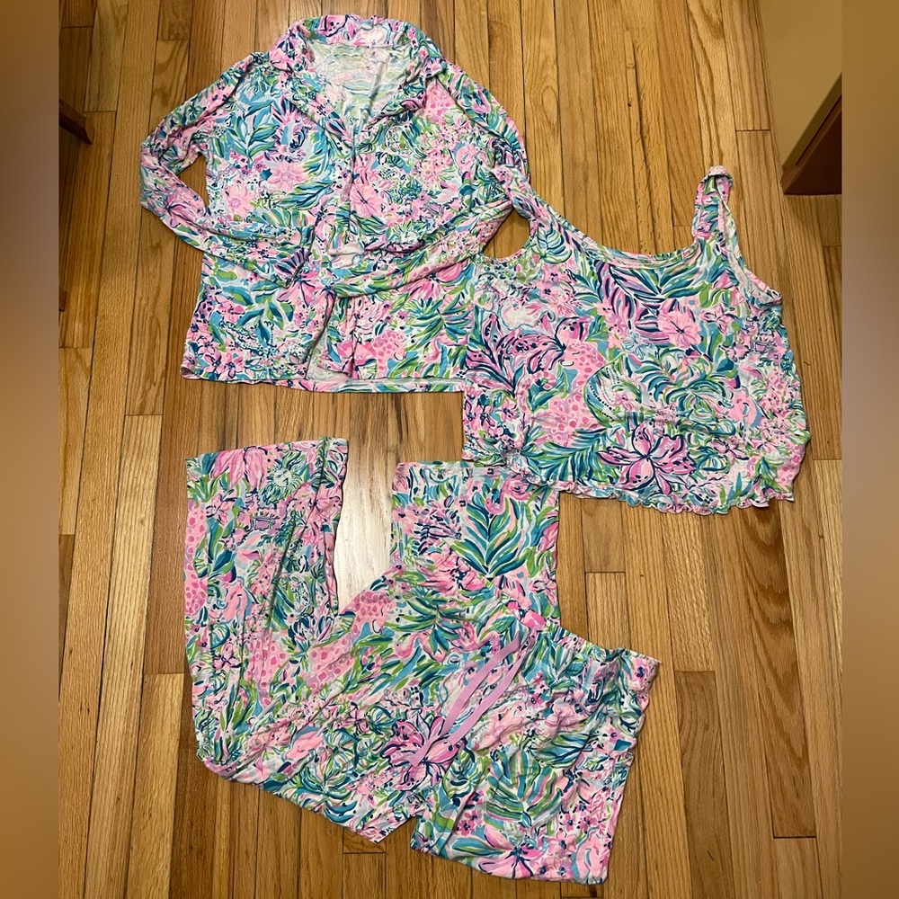 Lilly Pulitzer 3 Piece PJ Set Size L Bottoms & Tank & Size XL (Long S) Top